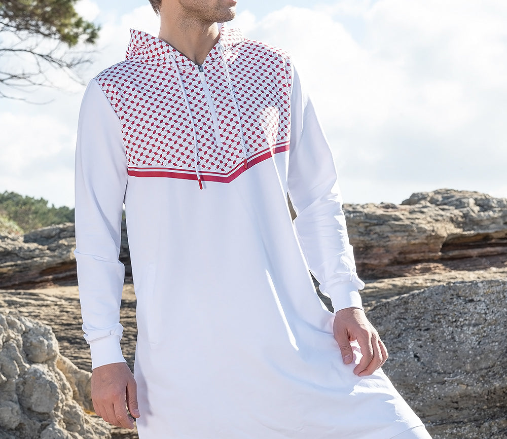 QL QUDS Kamisweat Thobe in White & Red - QABA'IL,