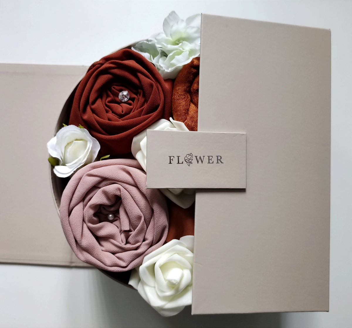 Tahani Boutique hijab bouquet in a keepsake gift box