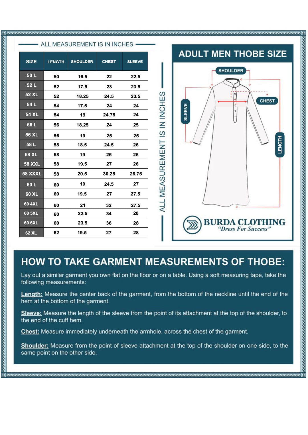 Burda Clothing adult thobe size chart with garment length, shoulder, chest and sleeve measurements in inches.