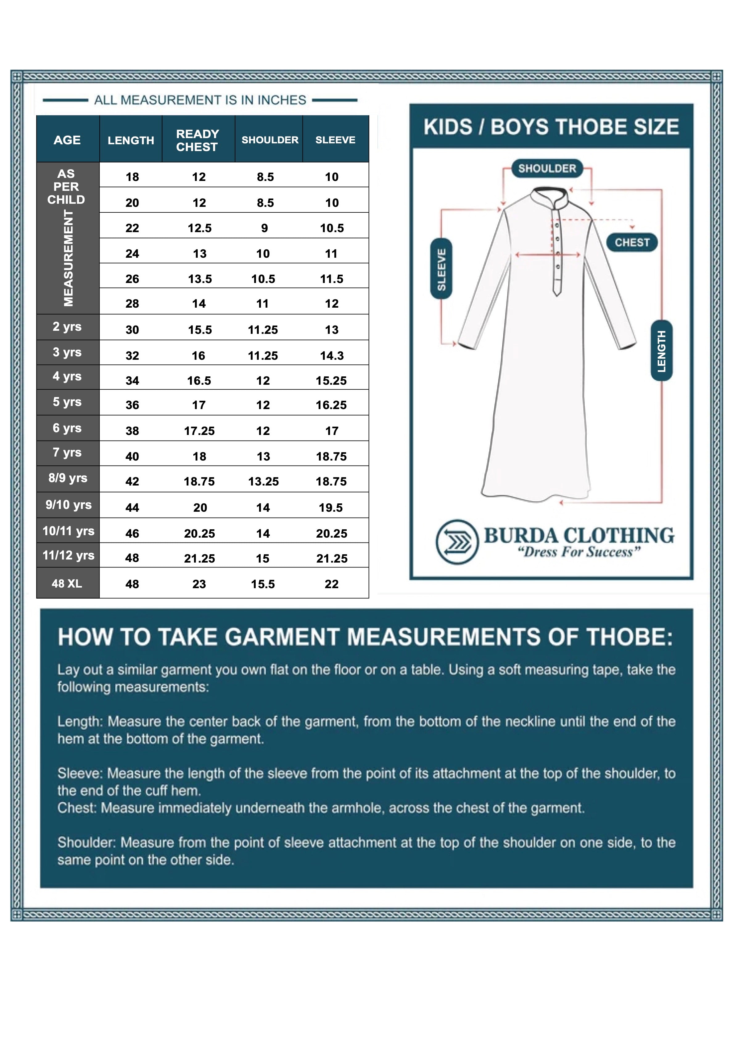 Burda Clothing kids' thobe size chart with garment length, chest, shoulder and sleeve measurements in inches.