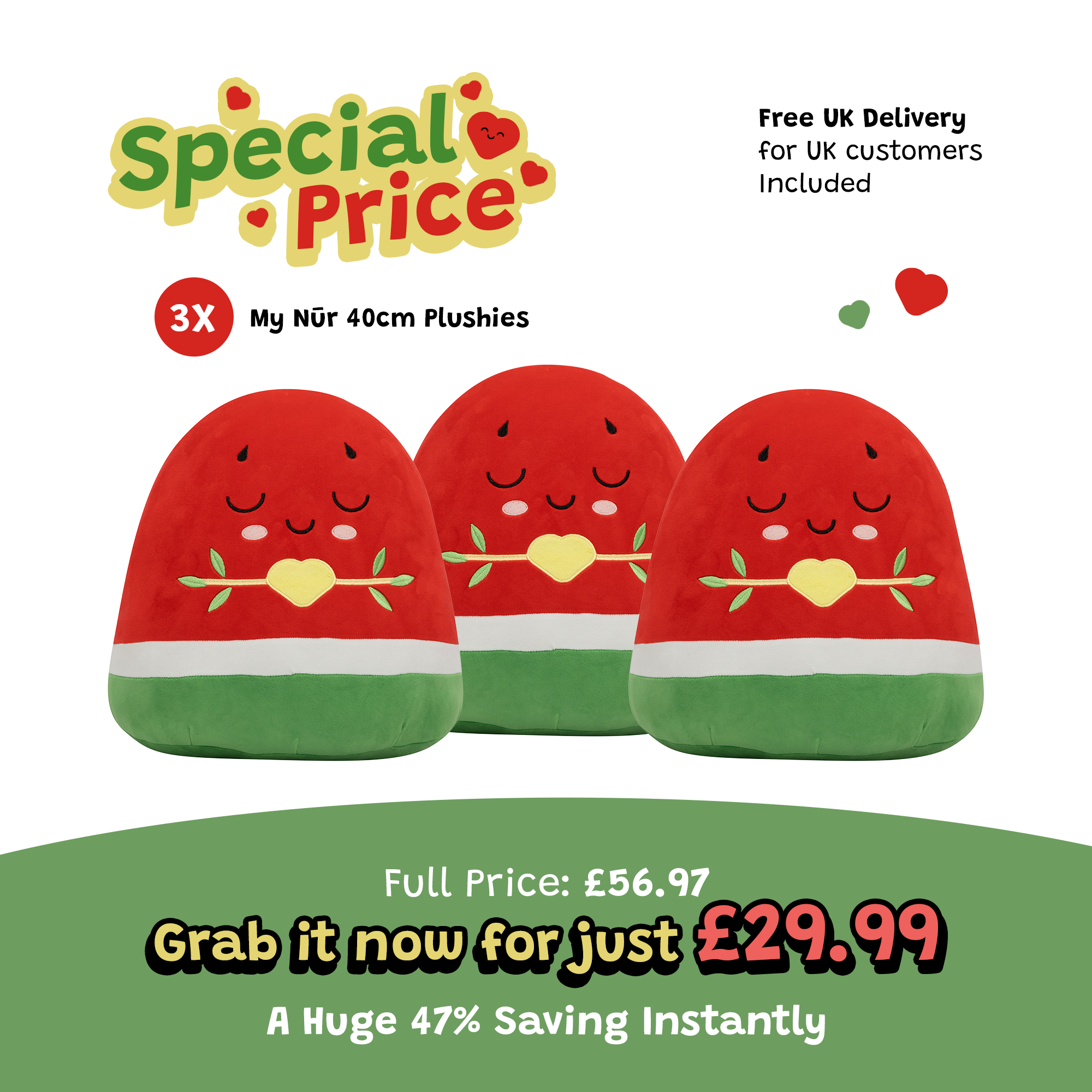 Lot de 3 peluches Pastèque – Coussin moelleux 40 cm, fruit adorable, poupée musulmane en peluche [OFFRE SPÉCIALE] | Un magnifique cadeau de Ramadan et d’Aïd pour vos proches