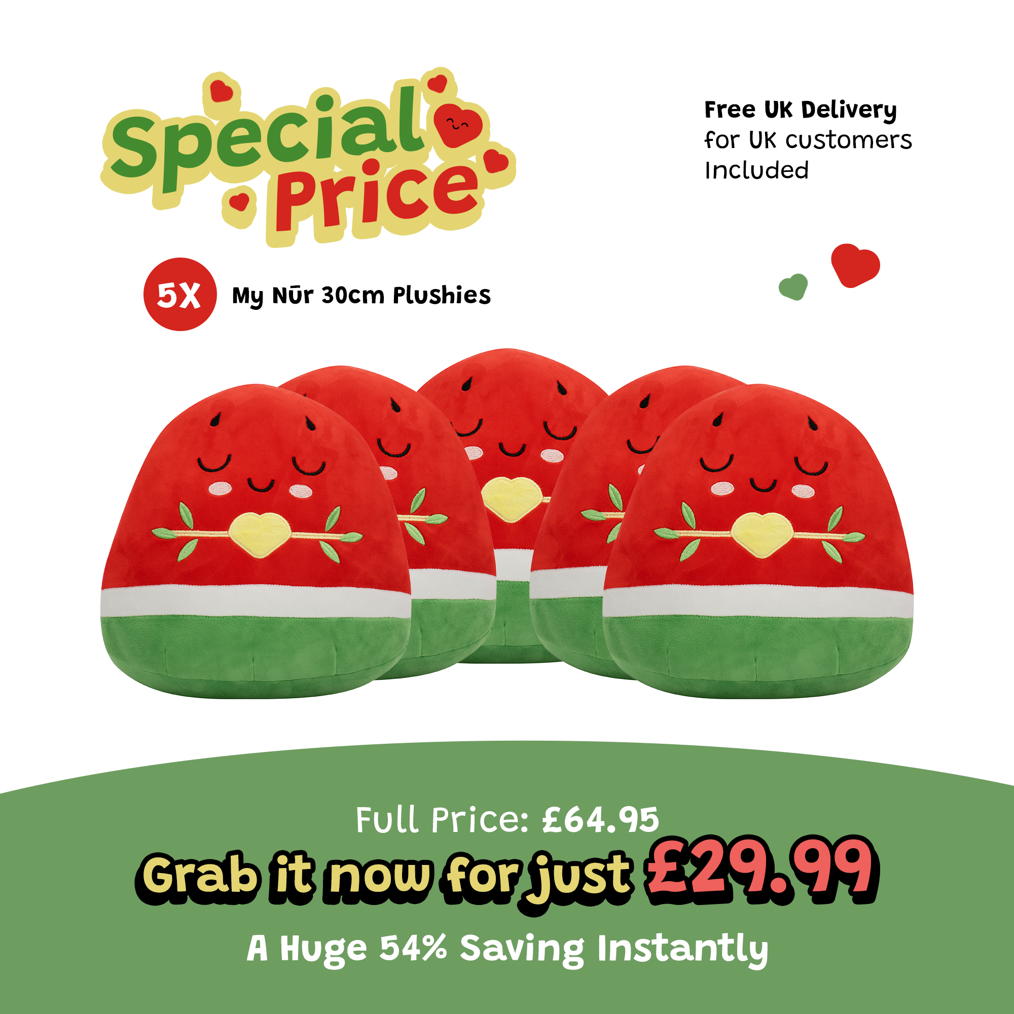 Lot de 5 peluches Pastèque – Coussin moelleux 30 cm, adorable fruit en peluche, poupée musulmane [OFFRE SPÉCIALE] | Un magnifique cadeau de Ramadan et d’Aïd pour vos proches