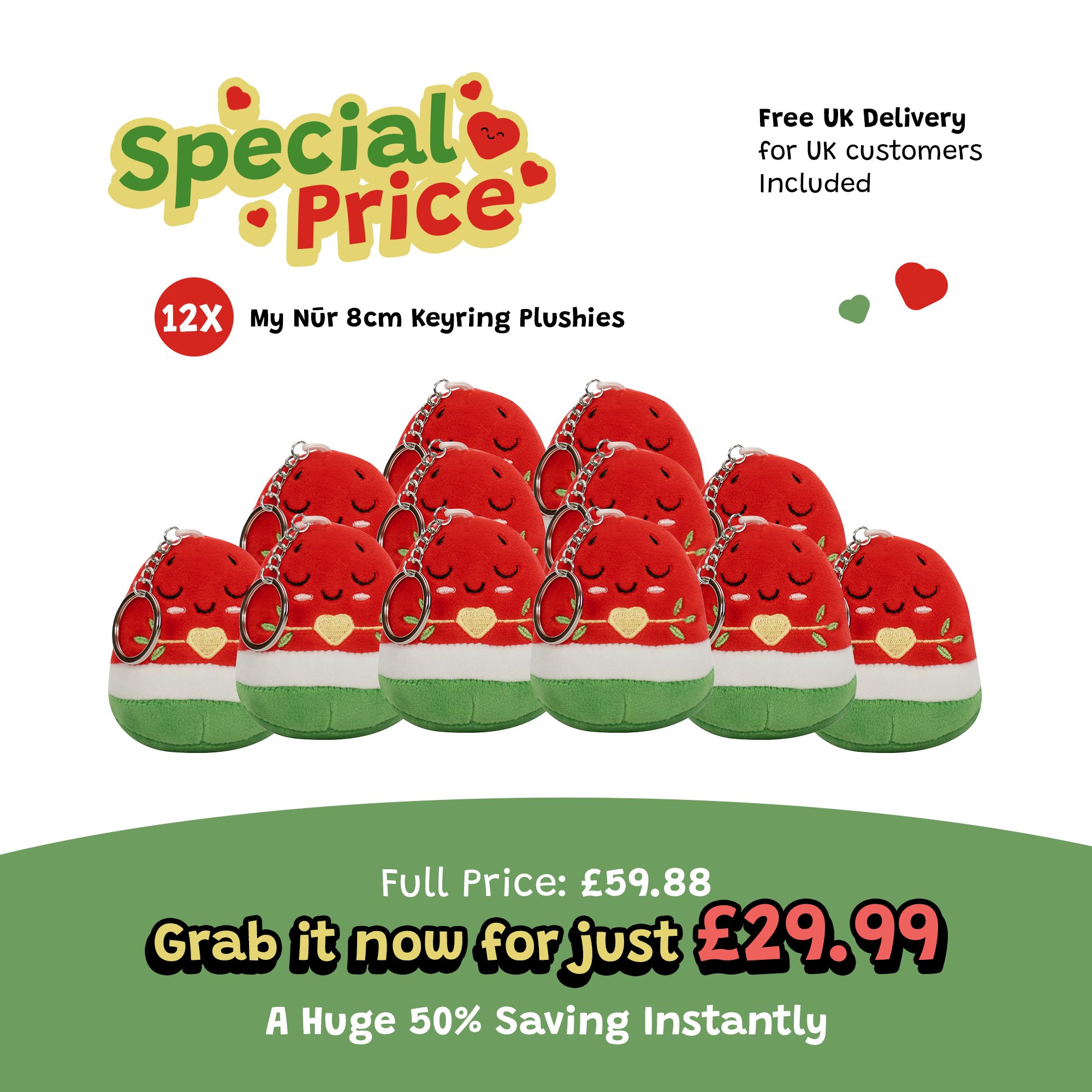 Lot de 12 – Porte-clés peluche Nūr la Pastèque 8 cm [OFFRE SPÉCIALE] | Doudou tout doux | Un magnifique cadeau de Ramadan et d’Aïd pour vos proches
