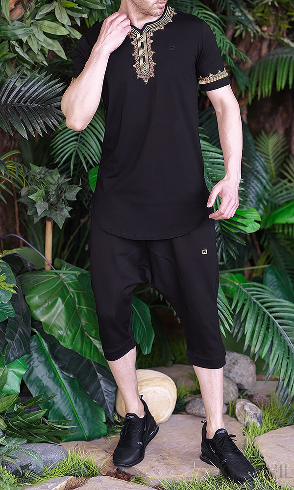 QL ETNIZ Set Relaxed Shorts and Embroidered Top in Black and Gold