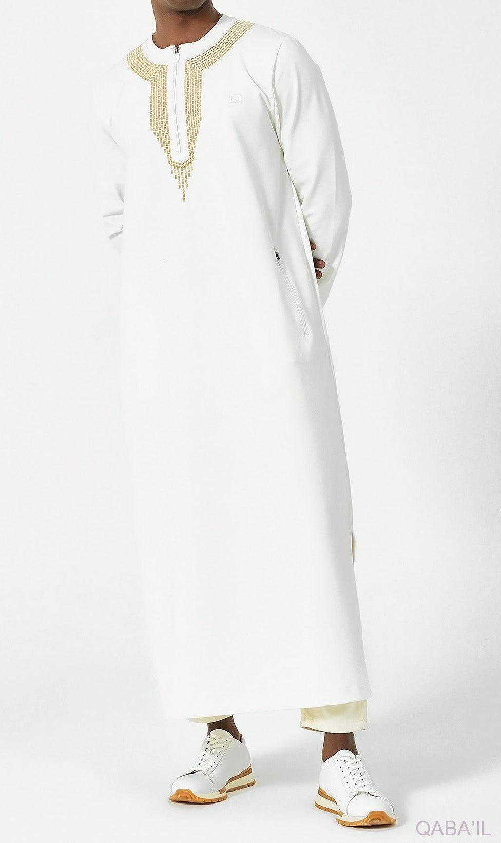 Embroidered Long Thobe for Muslim Men Sham R24 QL in Cream