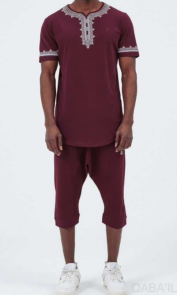  QL ETNIZ Set Relaxed Shorts and Embroidered Top in Burgundy and White - QABA'IL,