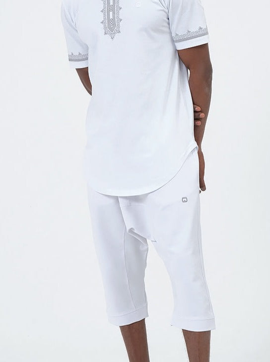  QL ETNIZ Set Relaxed Shorts and Embroidered Top in White and Grey - QABA'IL,