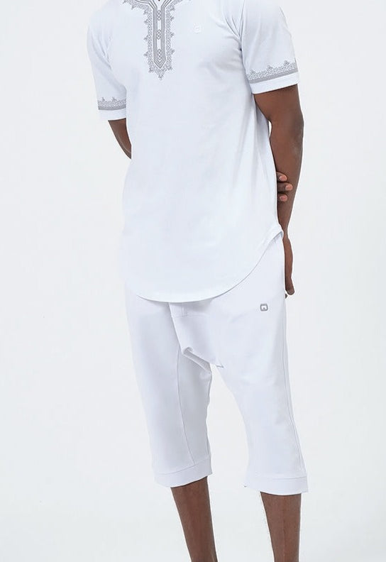 QL ETNIZ Set Relaxed Shorts and Embroidered Top in White and Grey - QABA'IL,