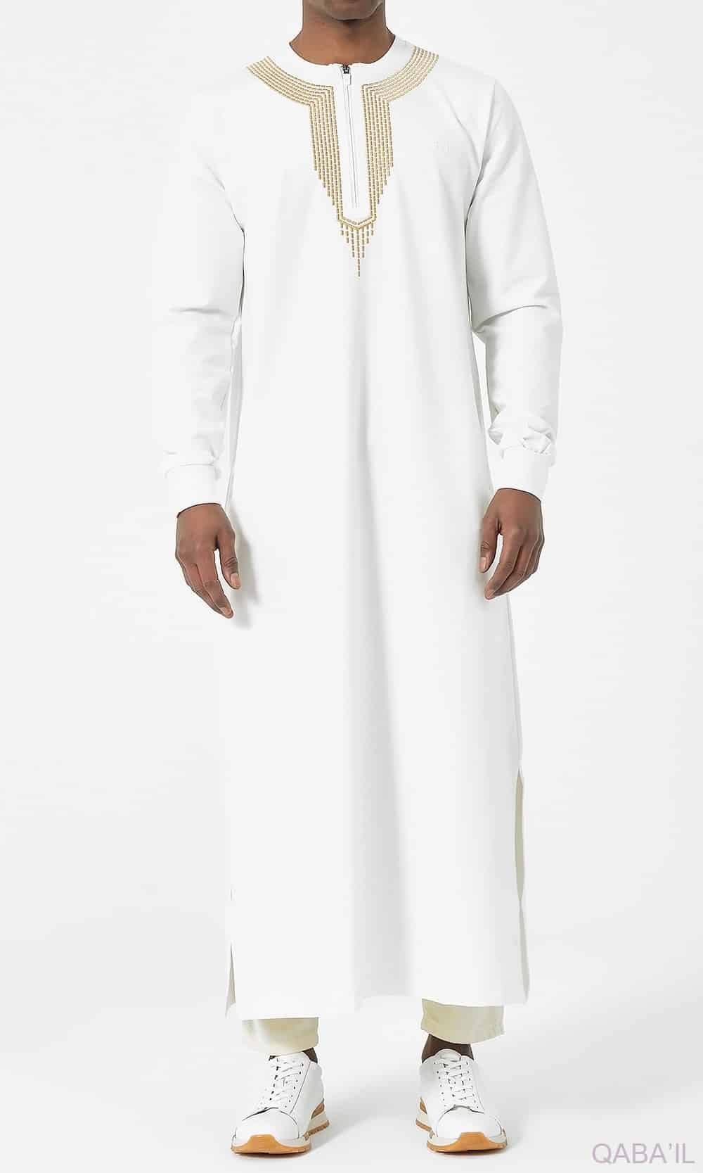 Muslim Men's Embroidered Long Thobe Sham R24 QL in Cream
