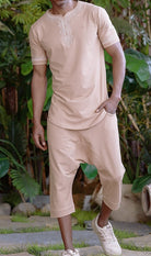  QL ETNIZ Set Relaxed Shorts and Embroidered Top in Beige and Taupe - QABA'IL,