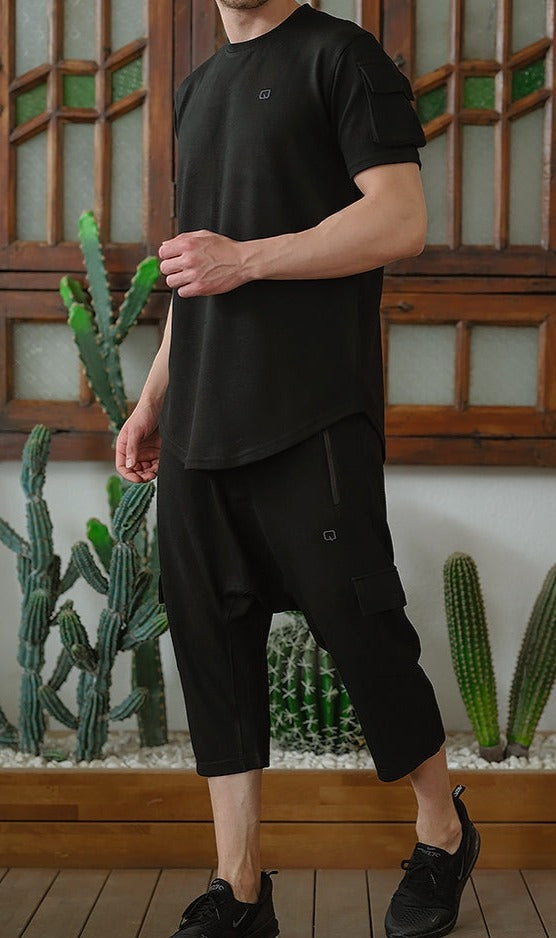  QL IGO Relaxed Cargo Shorts and T-Shirt Set in Black - QABA'IL,