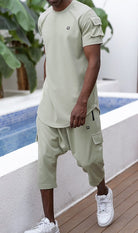  QL IGO Relaxed Cargo Shorts and T-Shirt Set in Almond Green - QABA'IL,