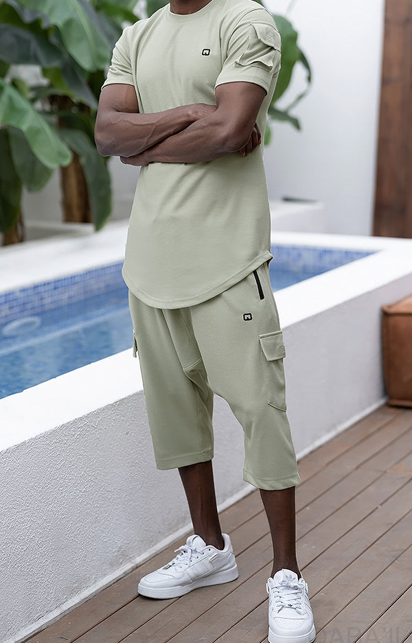  QL IGO Relaxed Cargo Shorts and T-Shirt Set in Almond Green - QABA'IL,