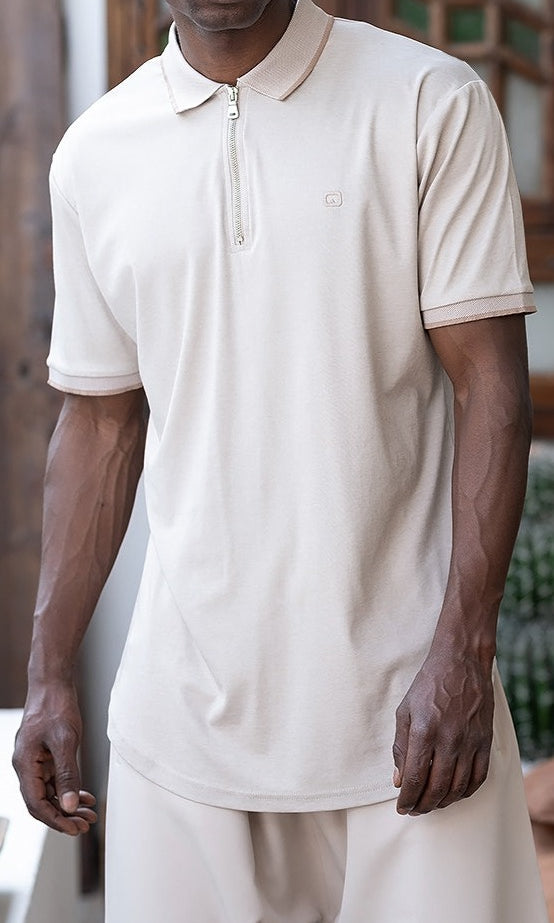  QL Relaxed Polo Zip Up in Beige - QABA'IL,