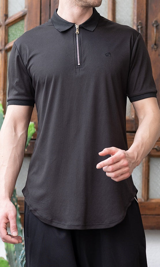  QL Relaxed Polo Zip Up in Black - QABA'IL,