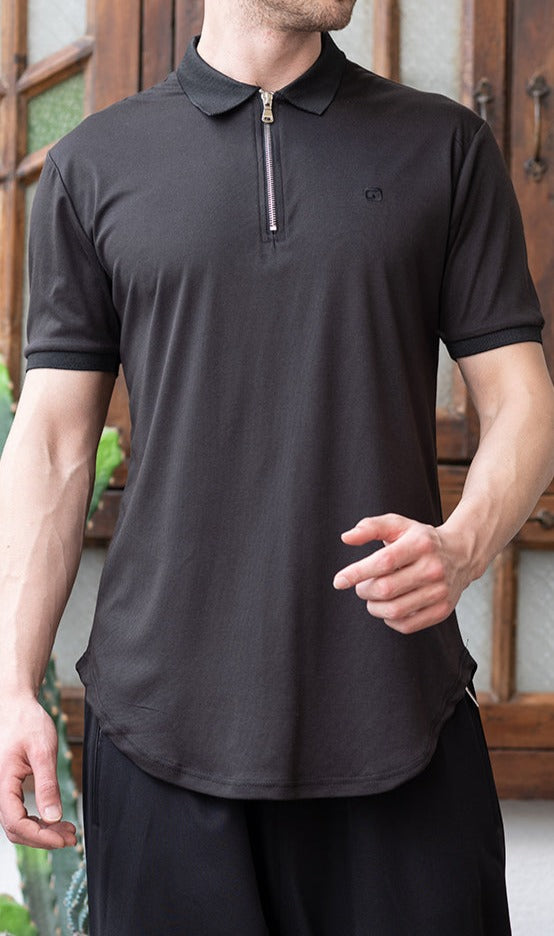  QL Relaxed Polo Zip Up in Black - QABA'IL,