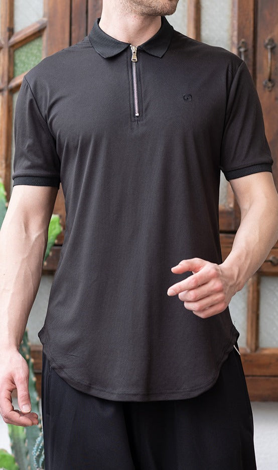 QL Relaxed Polo Zip Up in Black | MOOMENN
