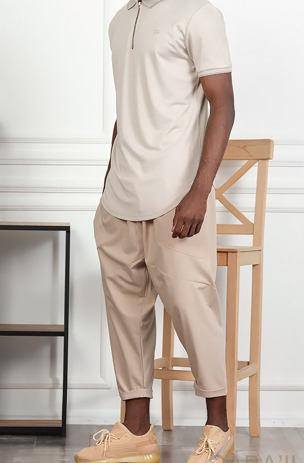  QL Relaxed Polo Zip Up in Beige - QABA'IL,