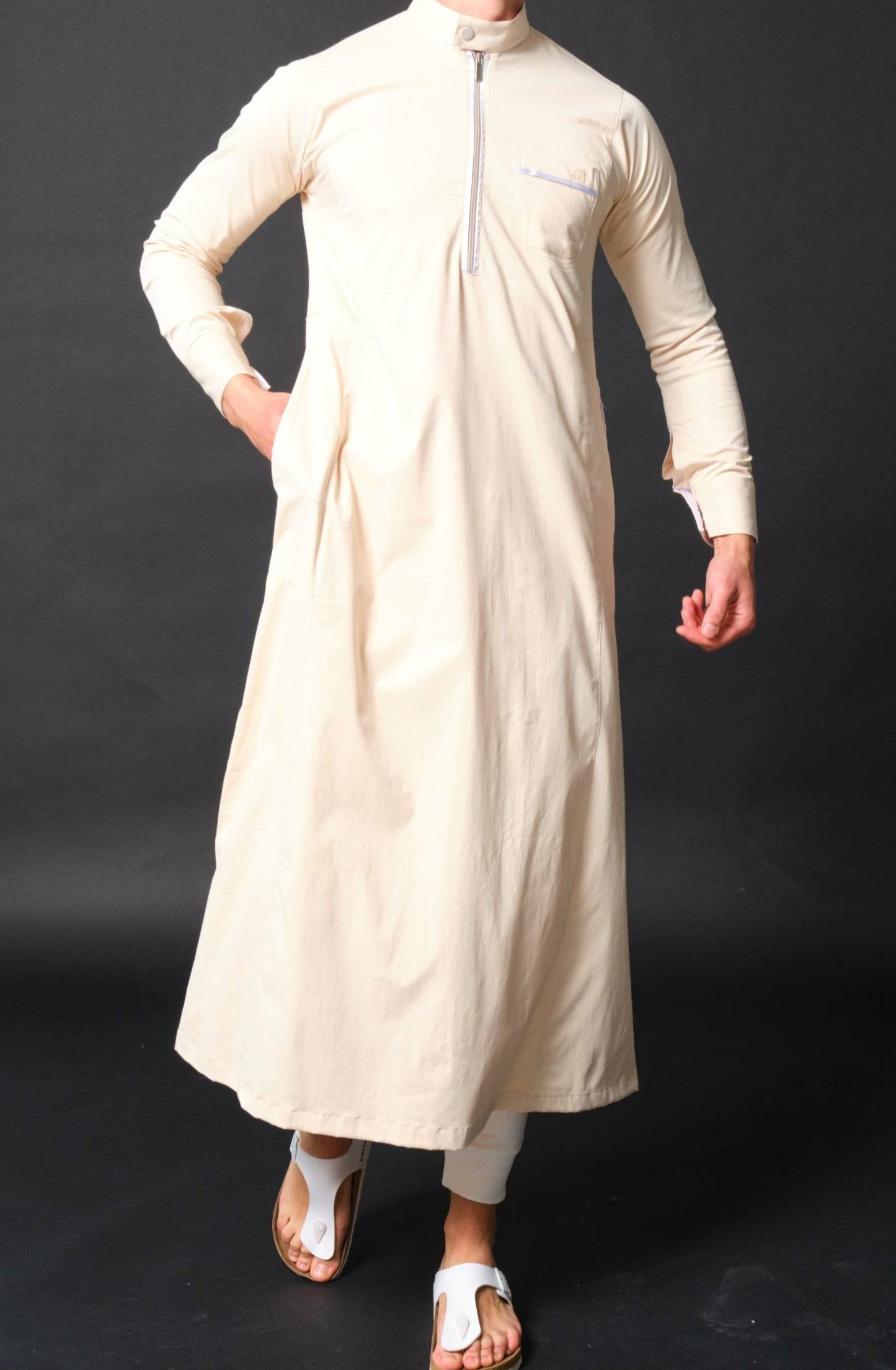 Islamic Long Thobe Kamees AMIR QL in Beige and White