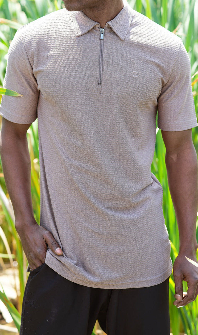 QABA’IL Relaxed Polo Zip Up in Camel