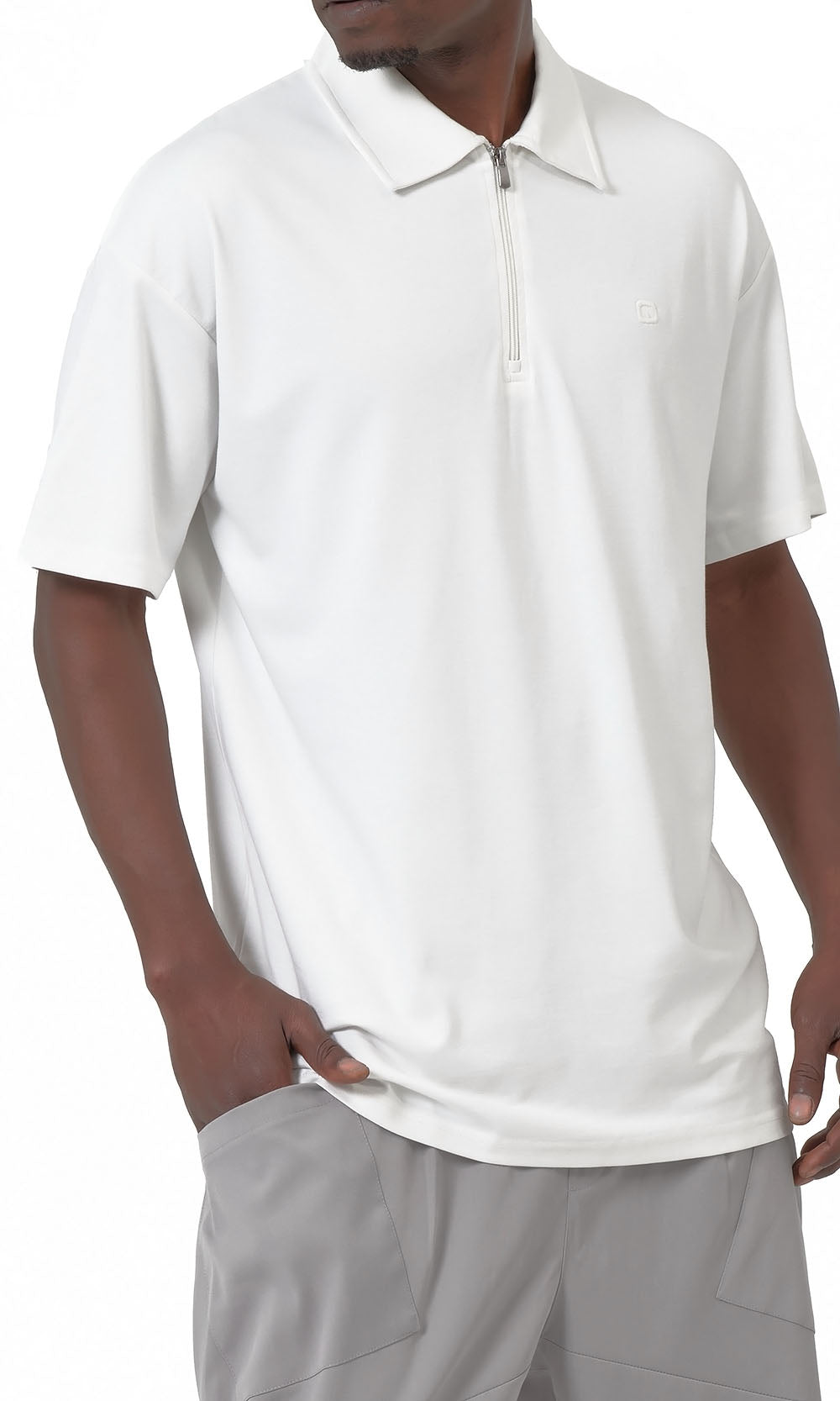QL Oversized Zip Jersey Polo in Cream