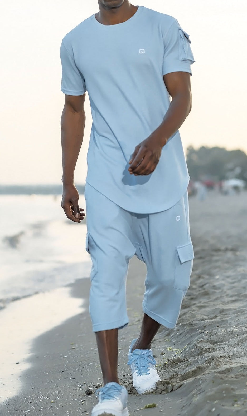 QL IGO Relaxed Cargo Shorts and T Shirt Set in Sky Blue MOOMENN
