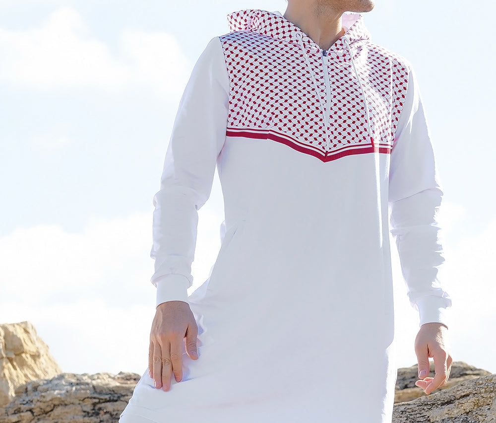 QL QUDS Kamisweat Thobe in White & Red - QABA'IL,