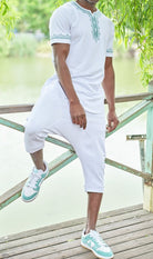  QL ETNIZ Set Relaxed Shorts and Embroidered Top in White and Almond Green - QABA'IL,