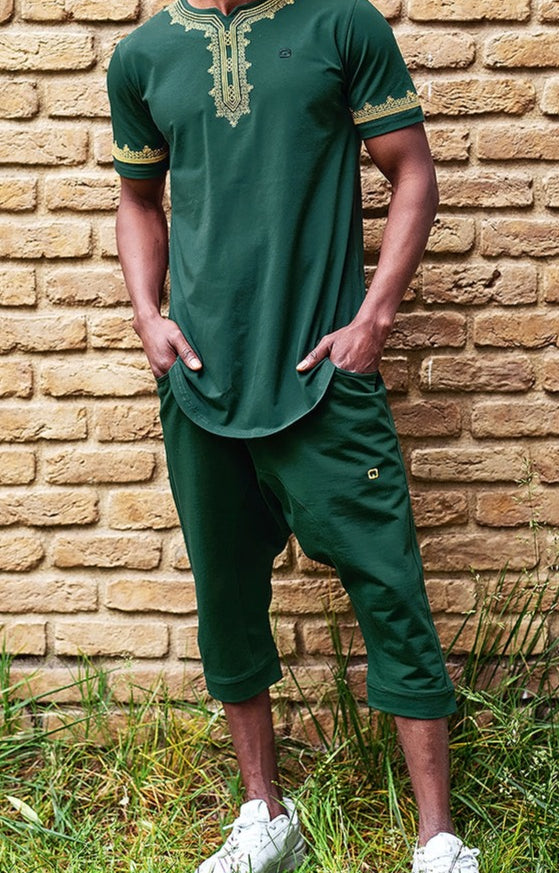  QL ETNIZ Set Relaxed Shorts and Embroidered Top in Emerald Green and Gold - QABA'IL,
