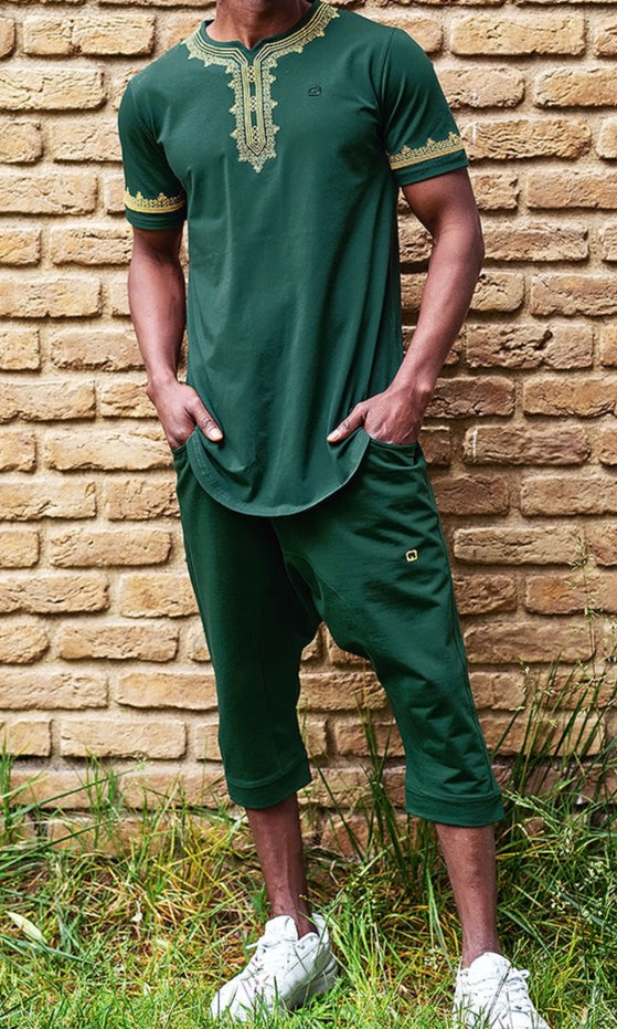  QL ETNIZ Set Relaxed Shorts and Embroidered Top in Emerald Green and Gold - QABA'IL,