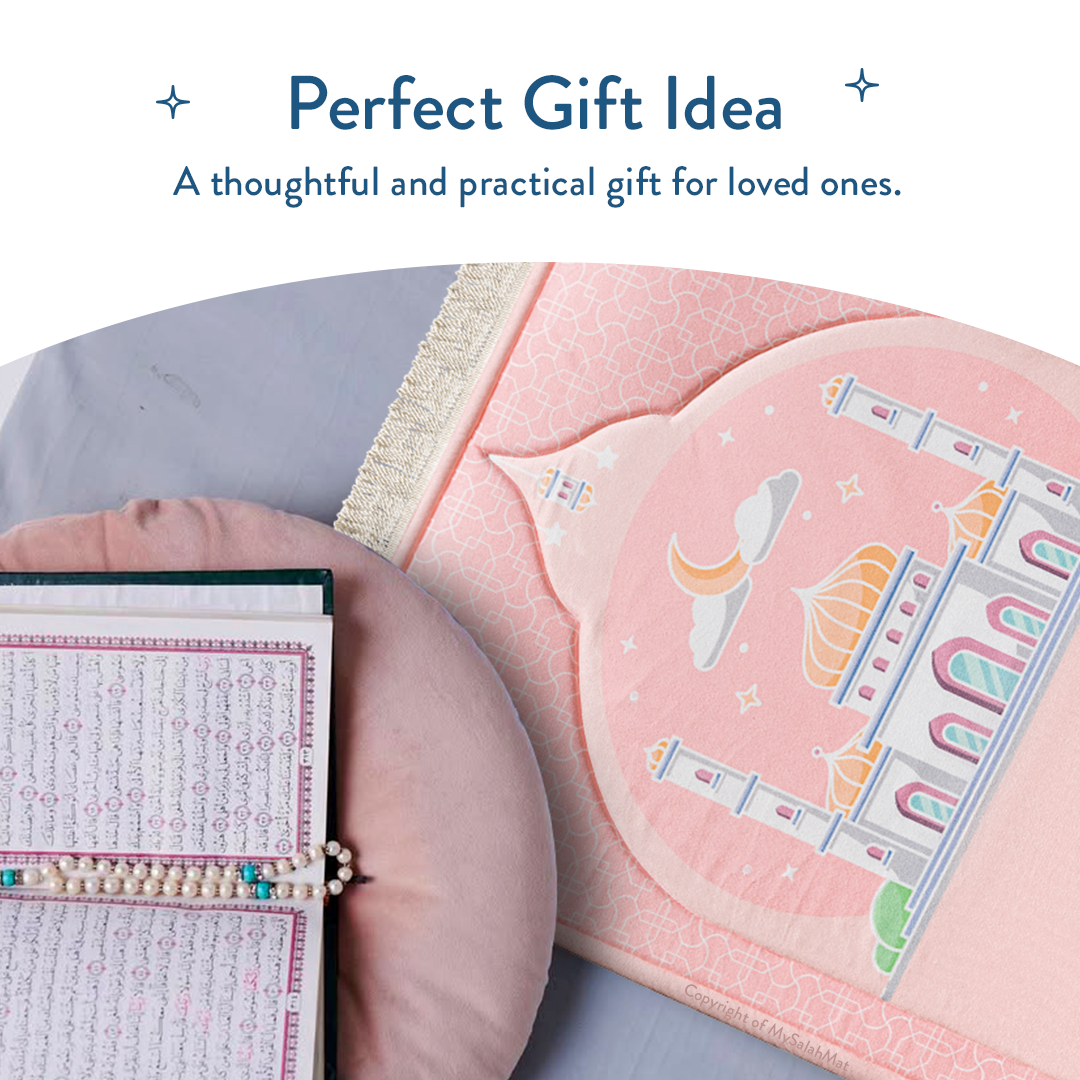 Tapis de prière rembourré pour enfants avec motif rose poudré | Urban Rugs UK | Un magnifique cadeau de Ramadan et d’Aïd pour vos proches