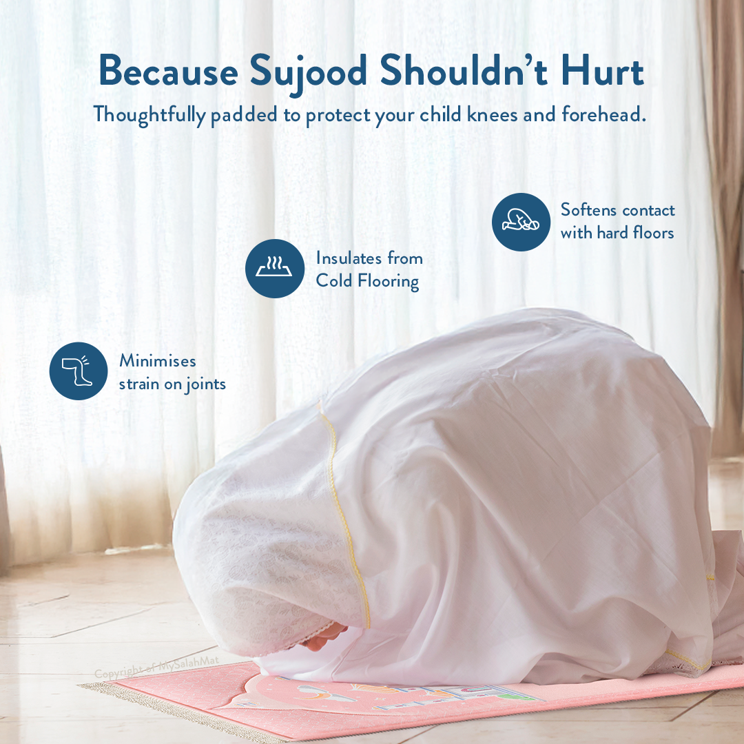 Tapis de prière rembourré pour enfants avec motif rose poudré | Urban Rugs UK | Un magnifique cadeau de Ramadan et d’Aïd pour vos proches