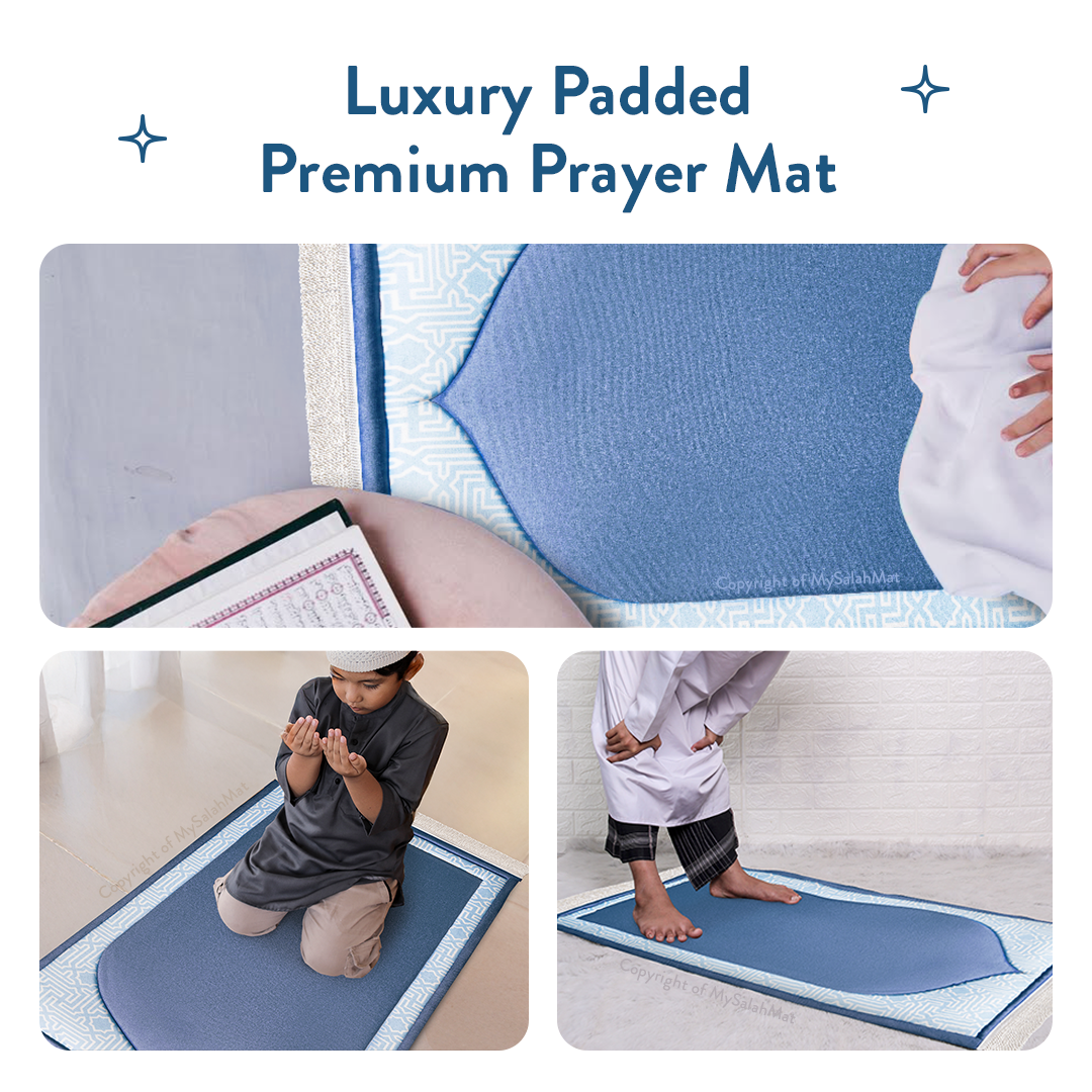 Tapis de prière rembourré pour enfants avec design bleu classique | Urban Rugs UK | Un beau cadeau de Ramadan et d’Aïd pour les proches