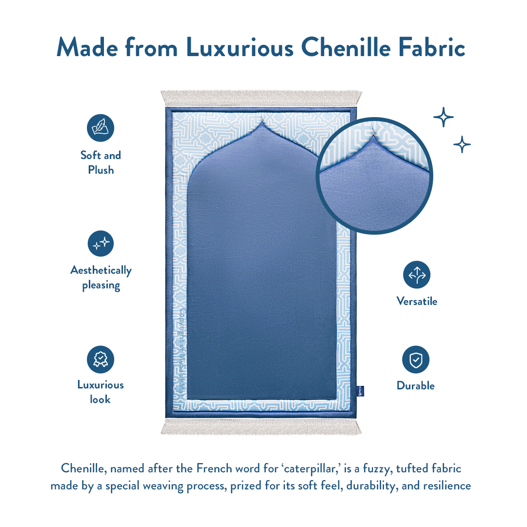 Tapis de prière rembourré pour enfants avec design bleu classique | Urban Rugs UK | Un beau cadeau de Ramadan et d’Aïd pour les proches