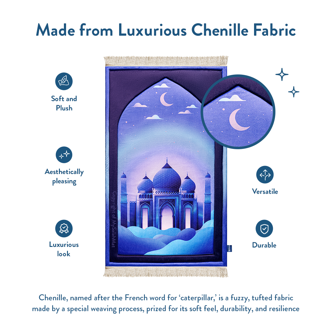 Tapis de prière rembourré pour enfants avec motif Masjid au crépuscule | Urban Rugs UK | Un beau cadeau de Ramadan et d’Aïd pour les êtres aimés