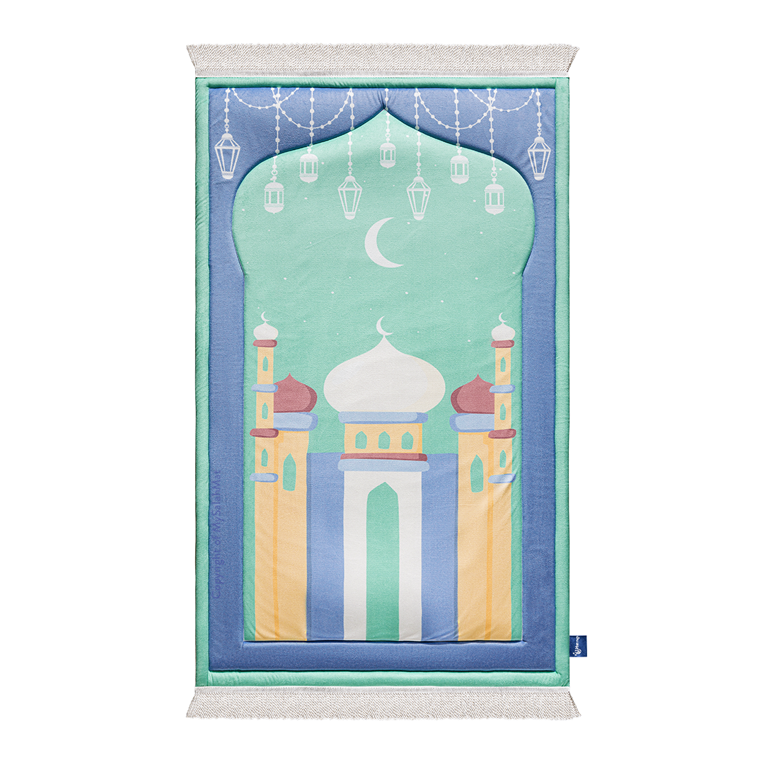 Tapis de prière rembourré pour enfants avec motif mosquée de Mumbai aqua par Urban Rugs UK | Un beau cadeau de Ramadan & d’Aïd pour les proches
