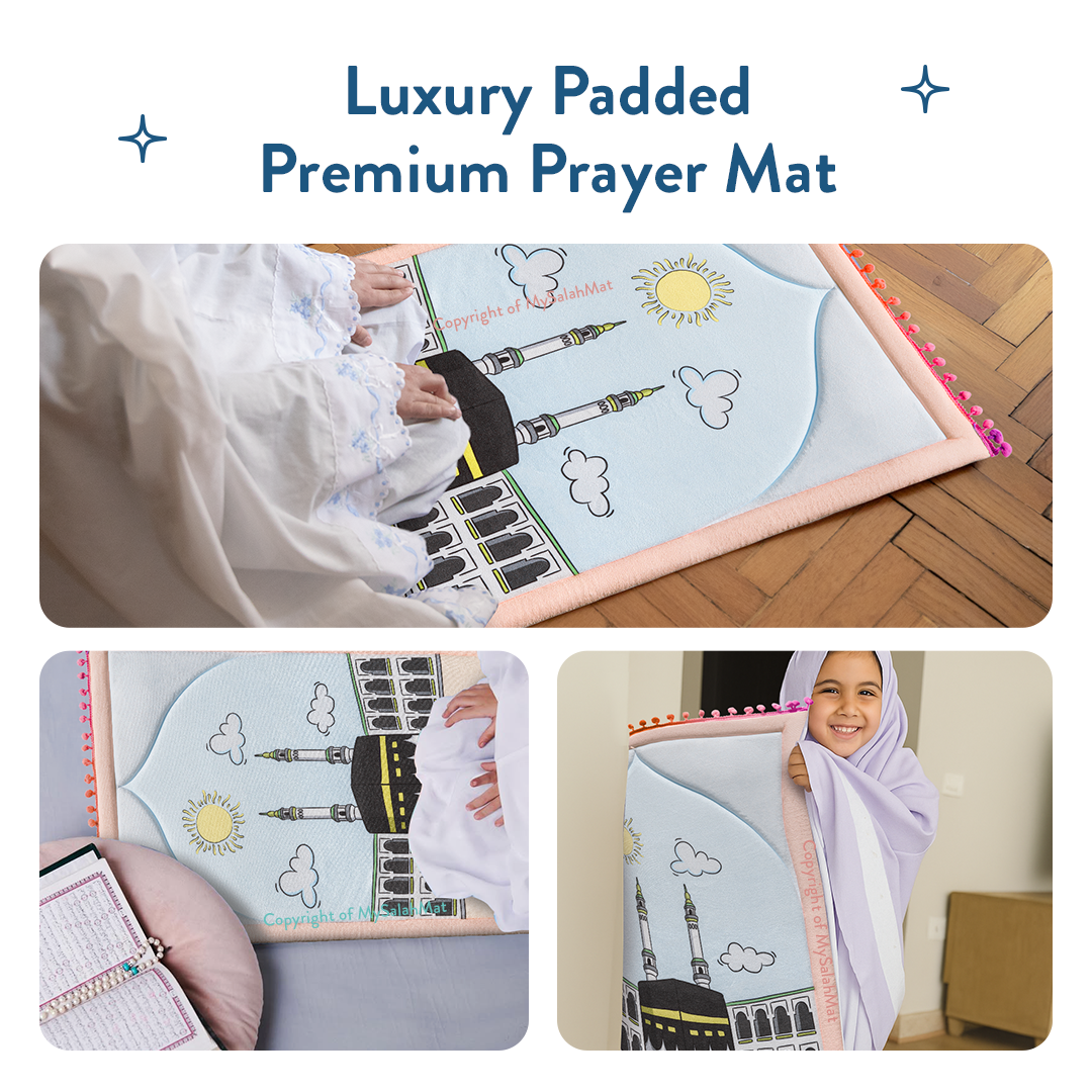 Tapis de prière rembourré pour tout-petits avec motif « Midi à La Mecque » par Urban Rugs UK | Un magnifique cadeau de Ramadan et d’Aïd pour vos proches