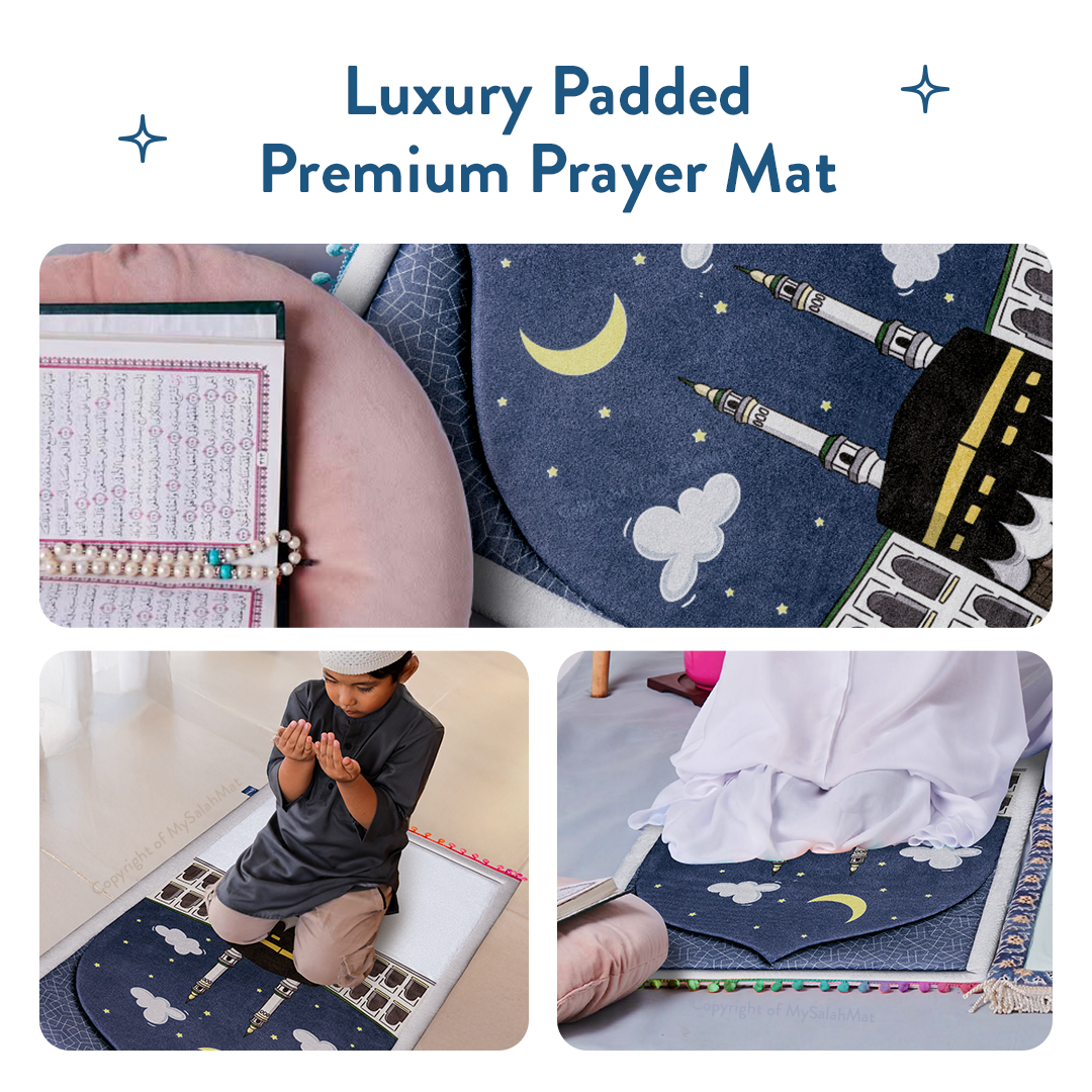 Tapis de prière bébé rembourré avec motif Midnight in Mecca par Urban Rugs UK | Un magnifique cadeau de Ramadan et d’Aïd pour vos proches