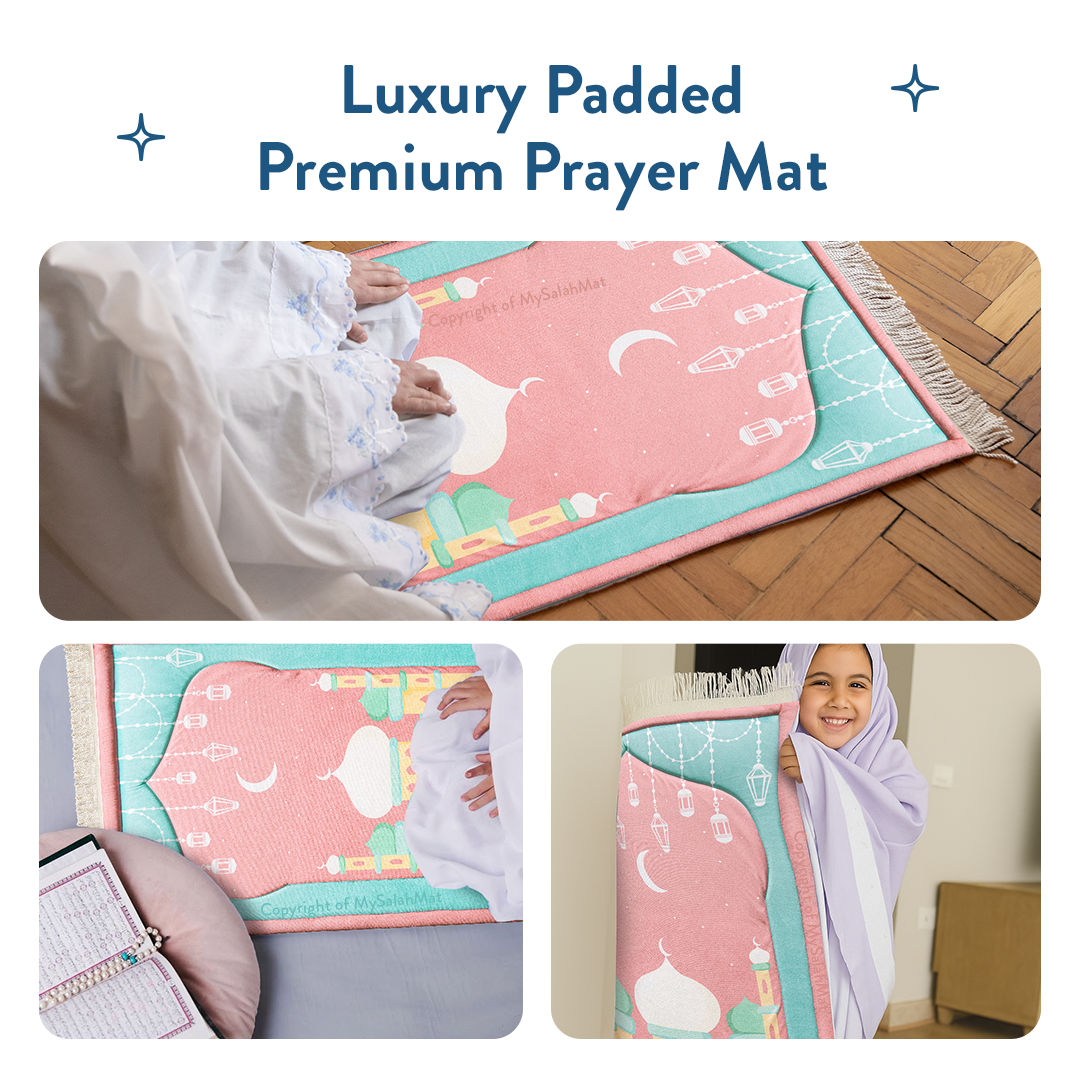 Tapis de prière rembourré pour enfants avec motif Mosquée de Mumbai rose par Urban Rugs UK | Un magnifique cadeau de Ramadan et d’Aïd pour vos proches