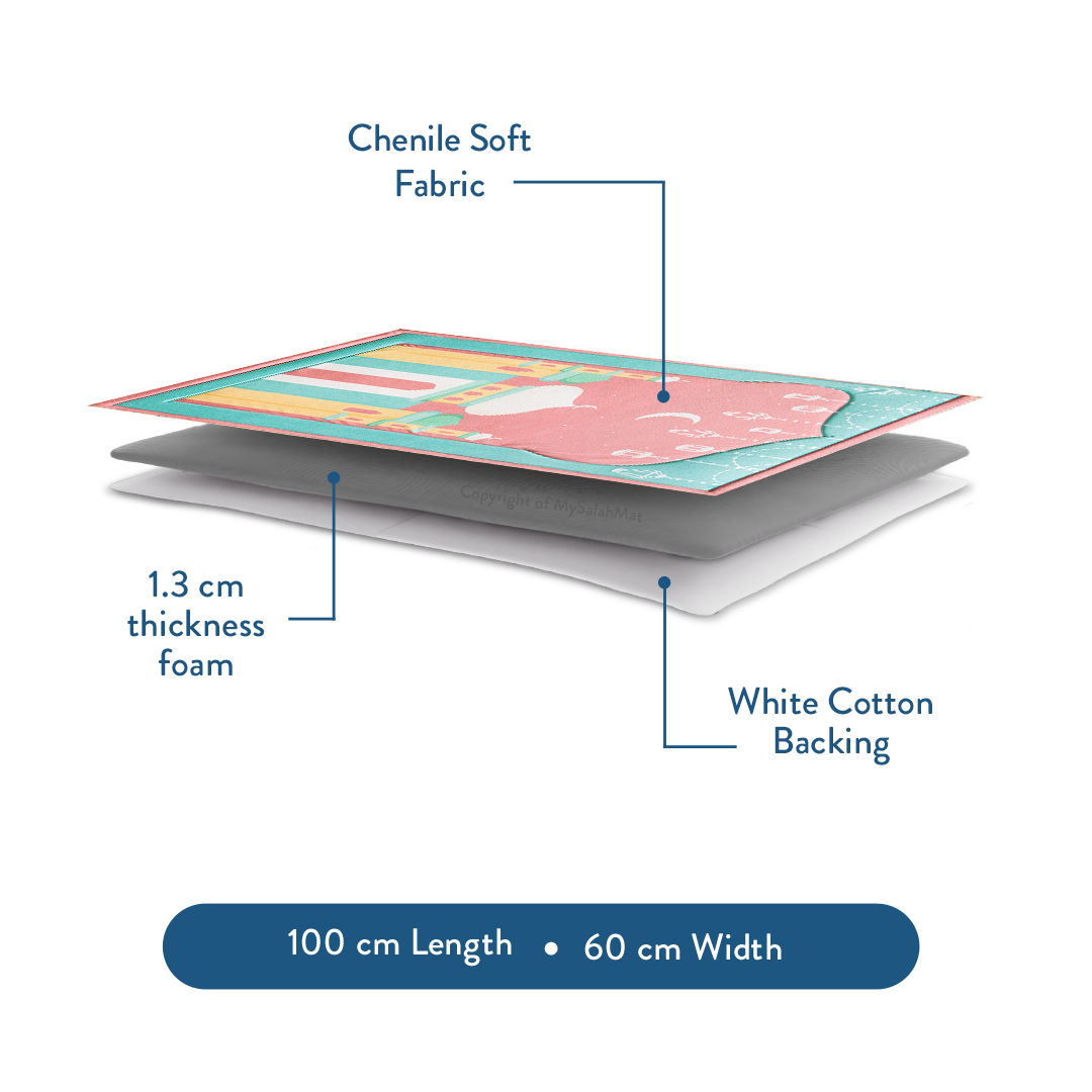 Tapis de prière rembourré pour enfants avec motif Mosquée de Mumbai rose par Urban Rugs UK | Un magnifique cadeau de Ramadan et d’Aïd pour vos proches