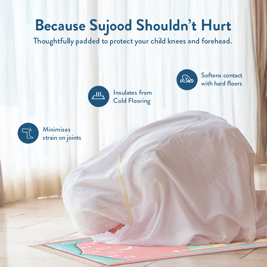 Tapis de prière rembourré pour enfants avec motif Mosquée de Mumbai rose par Urban Rugs UK | Un magnifique cadeau de Ramadan et d’Aïd pour vos proches