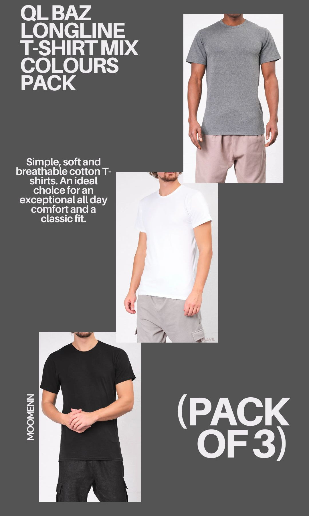  QL BAZ Longline T-Shirt Mix Colours Pack (Pack of 3) - QABA'IL,