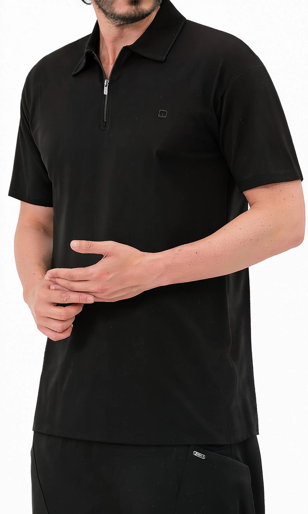 QL Oversized Zip Jersey Polo in Black