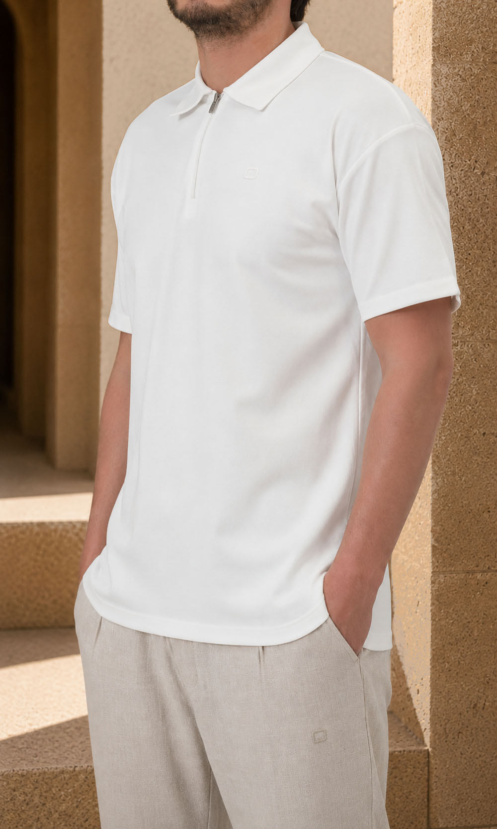 QL Oversized Zip Jersey Polo in Cream