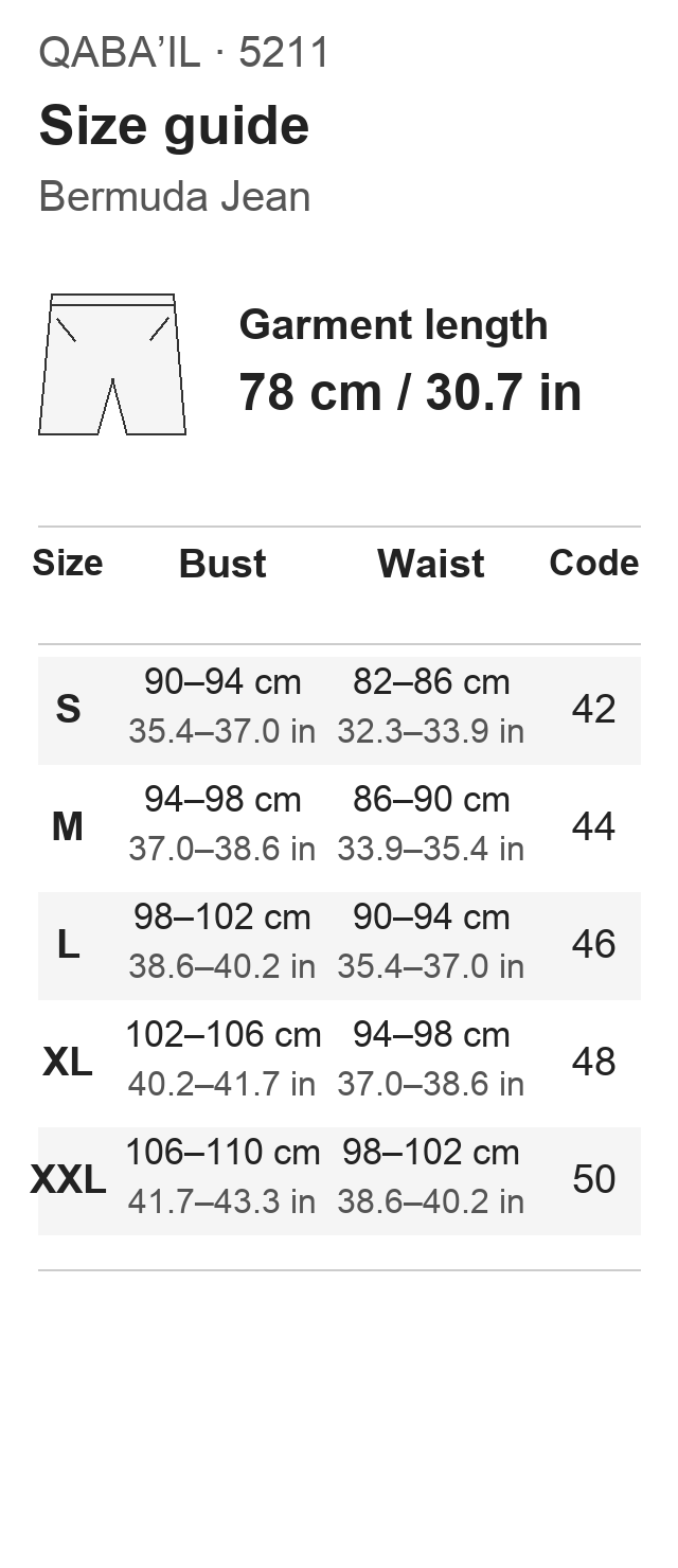 QABA’IL 5211. Garment length 78 cm (30.7 in). Size S: Bust 90–94 cm (35.4–37.0 in); Waist 82–86 cm (32.3–33.9 in); EU 42. Size M: Bust 94–98 cm (37.0–38.6 in); Waist 86–90 cm (33.9–35.4 in); EU 44. Size L: Bust 98–102 cm (38.6–40.2 in); Waist 90–94 cm (35.4–37.0 in); EU 46. Size XL: Bust 102–106 cm (40.2–41.7 in); Waist 94–98 cm (37.0–38.6 in); EU 48. Size XXL: Bust 106–110 cm (41.7–43.3 in); Waist 98–102 cm (38.6–40.2 in); EU 50.