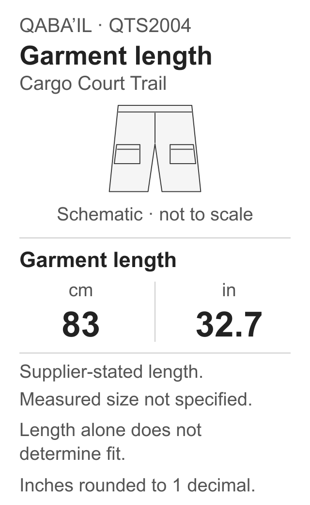 QABA’IL Cargo Court Trail, reference QTS2004. Garment length: 83 cm (32.7 in). Supplier-stated length; measured size not specified. Length only, not a full fit-size chart. Schematic, not to scale.