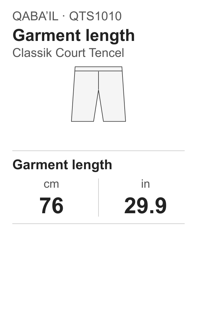 QABA’IL Classik Court Tencel QTS1010. Garment length 76 cm (29.9 in).
