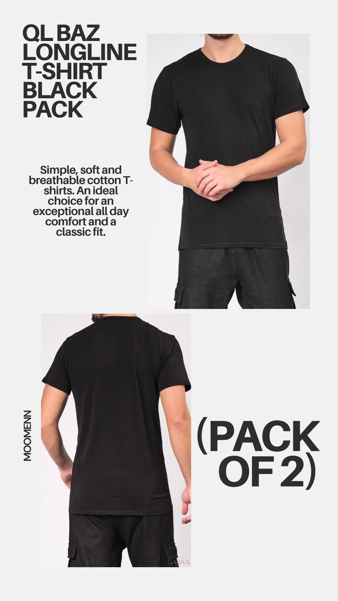  QL BAZ Longline T-Shirt Black (Pack of 2) - QABA'IL,