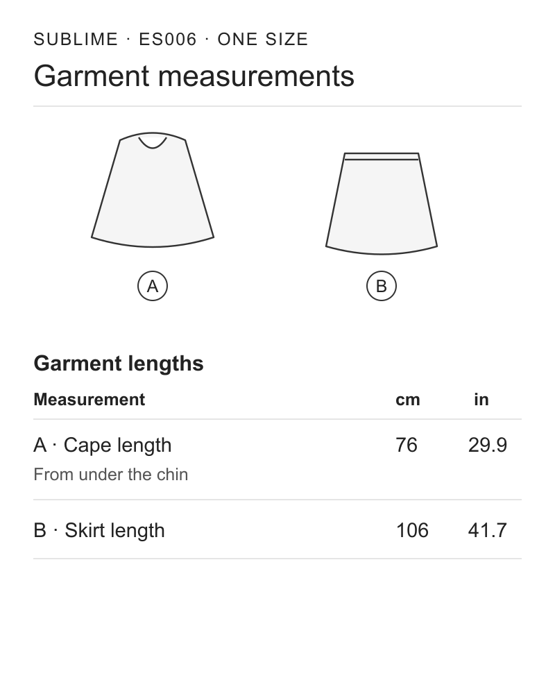 SUBLIME ES006. One size. Cape length from under the chin 76 cm (29.9 in); skirt length 106 cm (41.7 in).