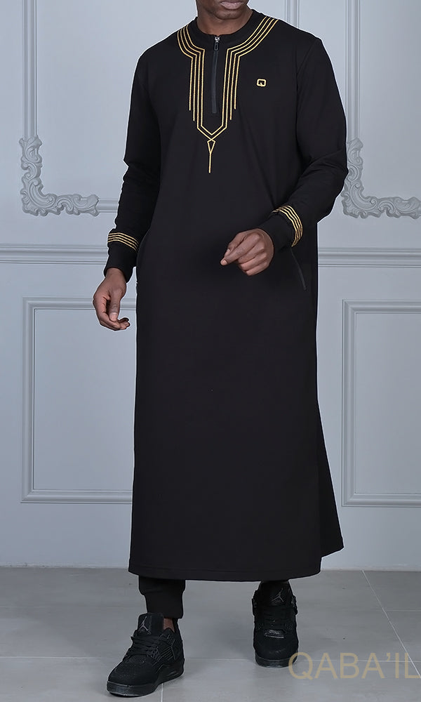 Muslim Men's Embroidered Long Thobe Sham QL in Black